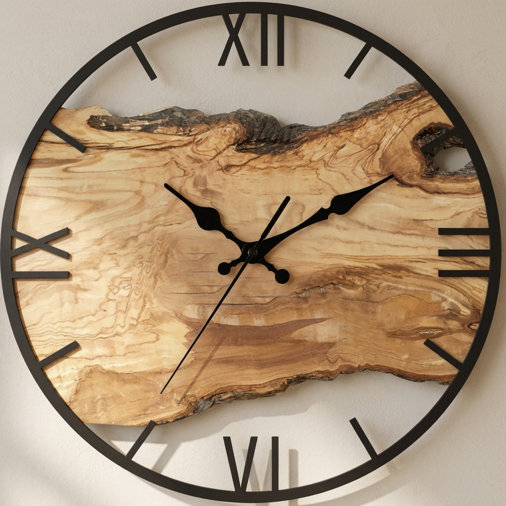 Wooden wall clock with natural finish and black Roman numerals on a light background