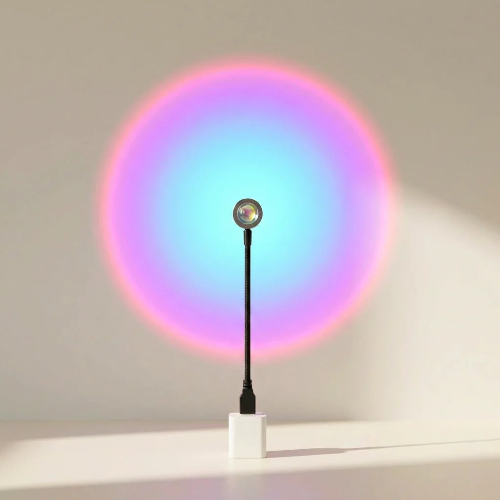 Colorful circular light projection on a plain wall with a black stand.