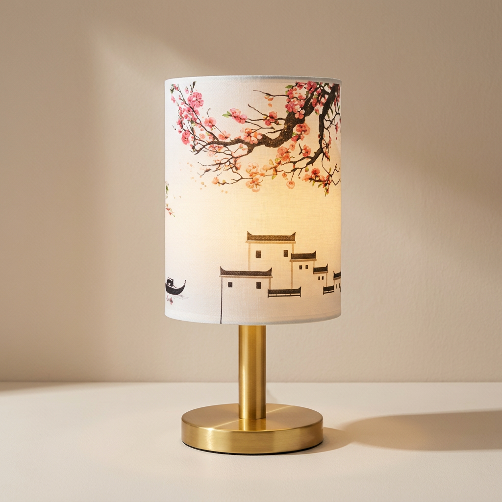 Table lamp with cherry blossom and traditional architecture design on the shade, on a beige background.