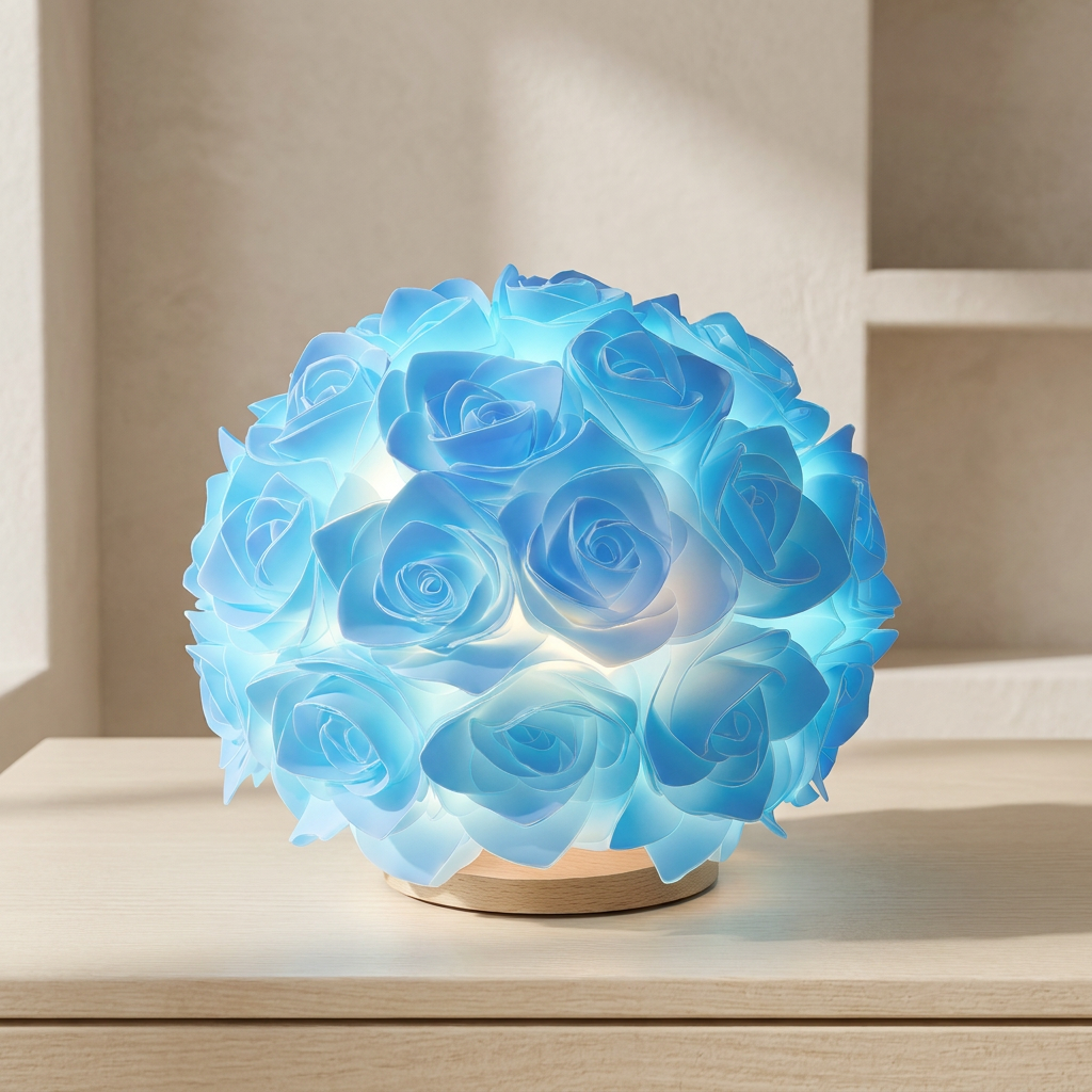 Blue rose-shaped lamp on a wooden surface with a neutral background