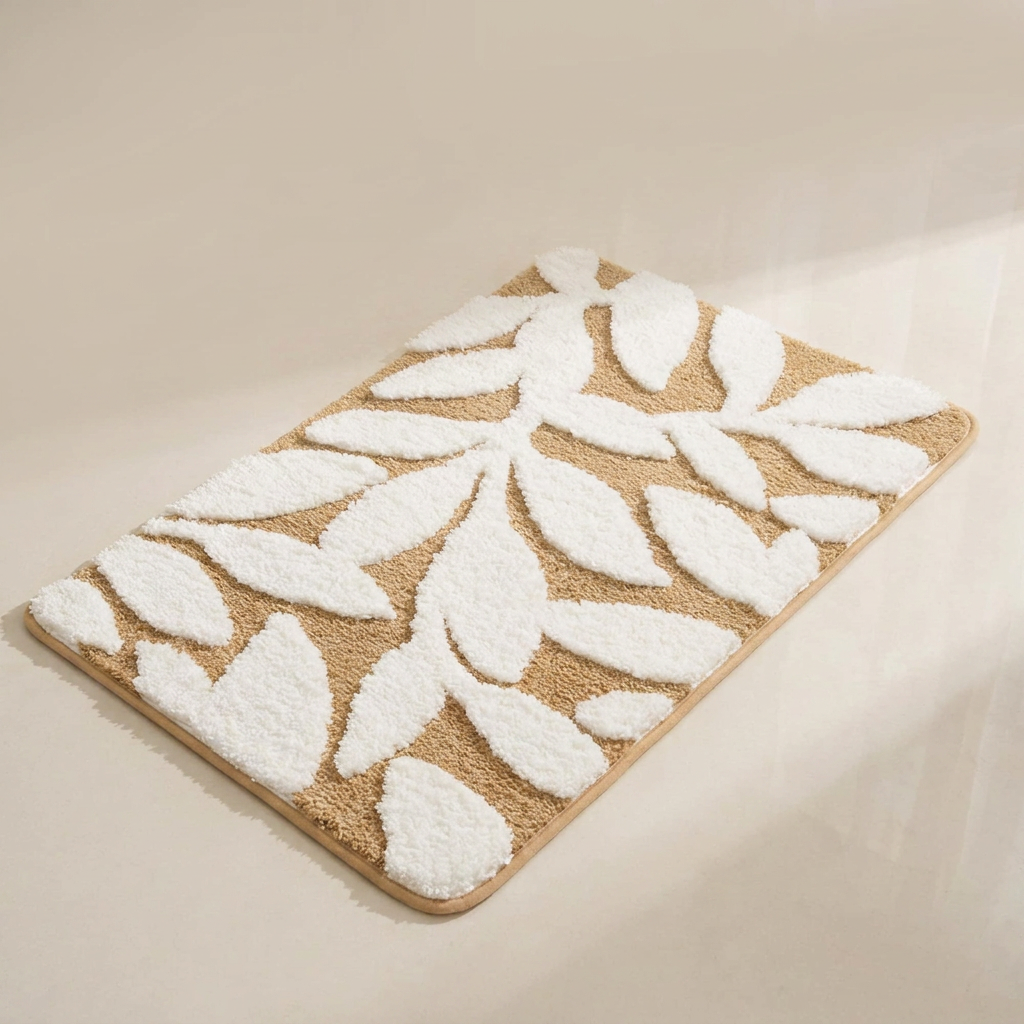 Beige and white leaf-patterned bath mat on a beige background