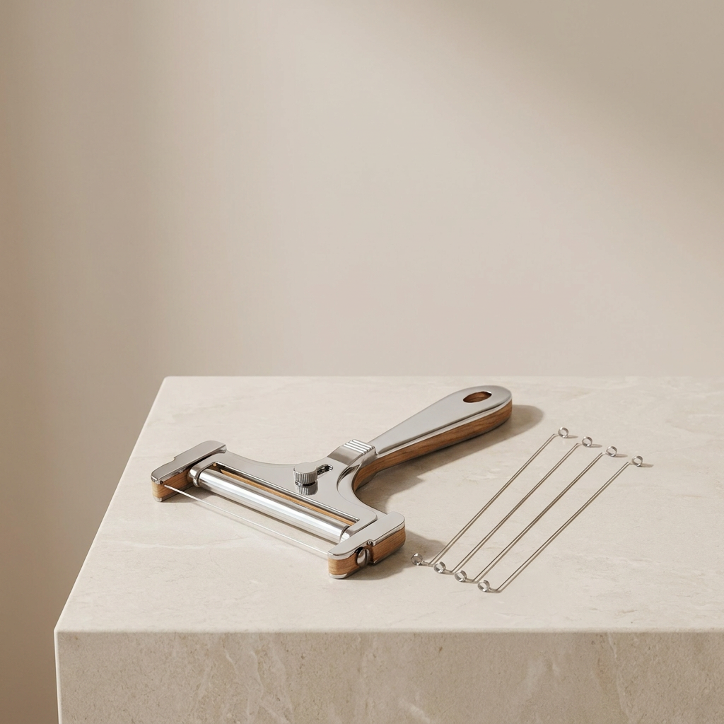 Metal kitchen tool with wooden handle on a light surface