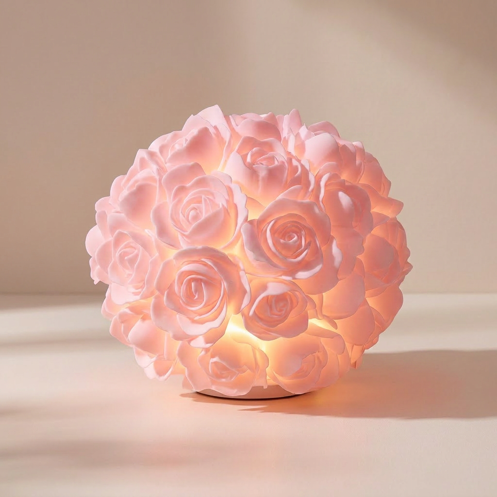 Pink rose-shaped lamp on a beige background