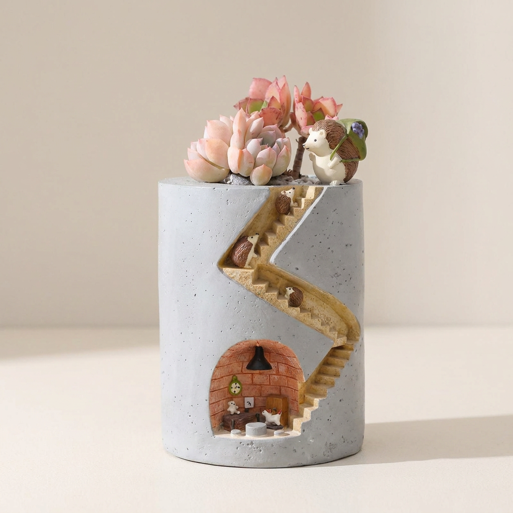 Decorative concrete vase with a miniature staircase and animal figurines on a neutral background