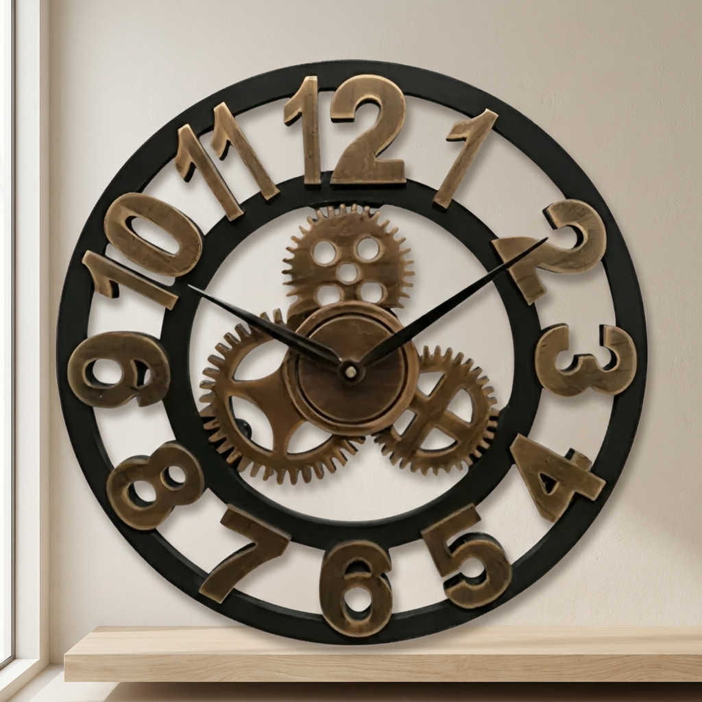 Decorative wall clock with gears and numbers on a beige wall.