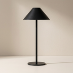 Black table lamp with a minimalist design on a neutral background