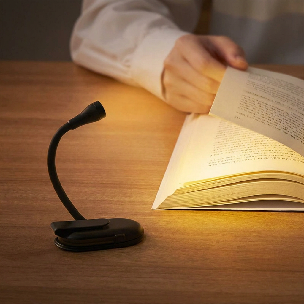 Flexi light illuminating a book on a wooden table