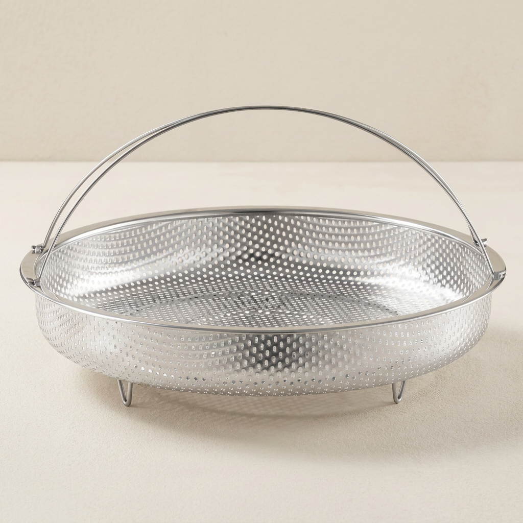 Metal mesh tray with handle on a light beige background
