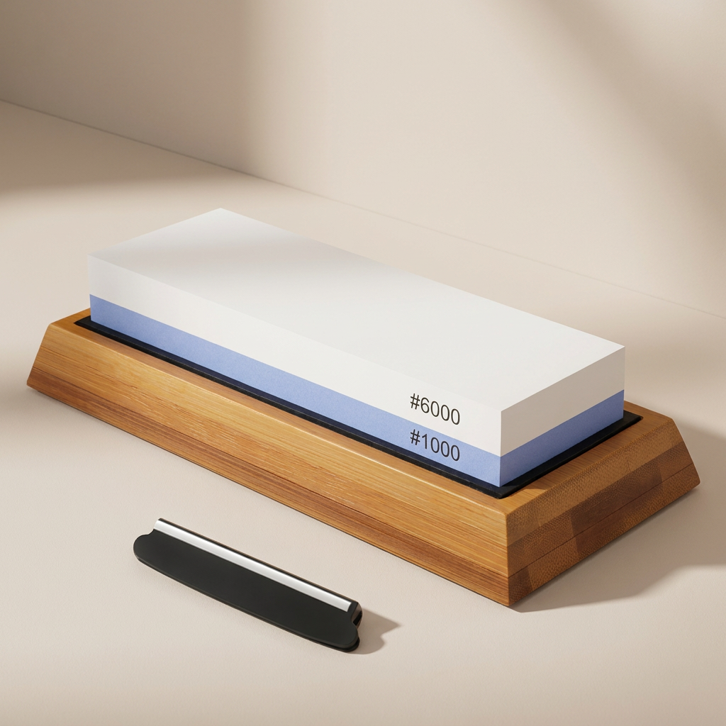 Double-sided whetstone with wooden base on a beige surface