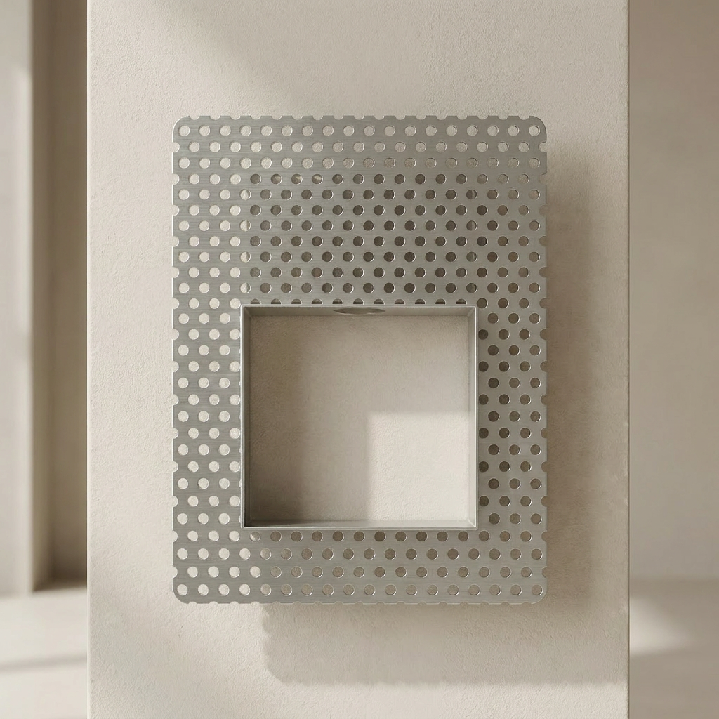 Decorative wall shelf with perforated design on a neutral background