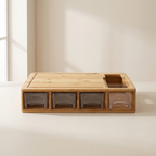 Wooden pet grooming station with sink and drawers on a white background