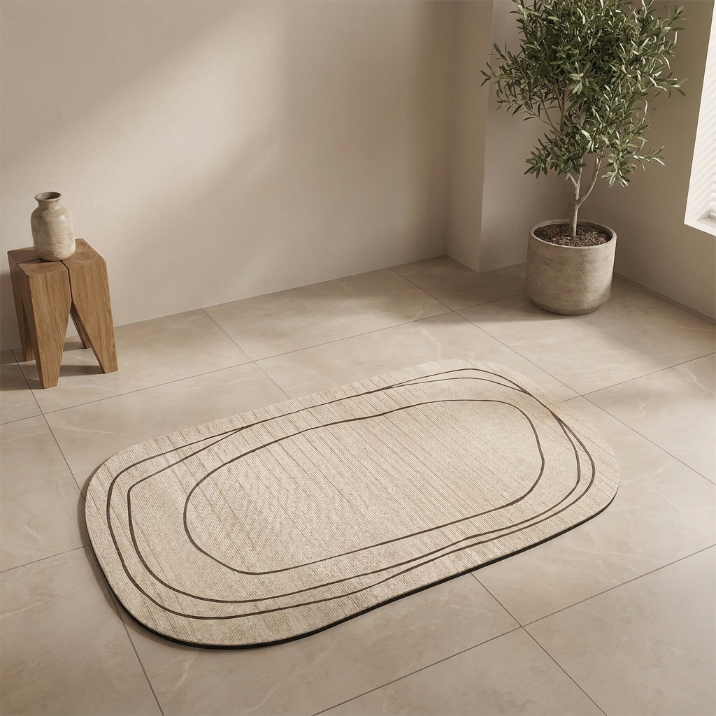 Beige bath mat on a tiled floor with a plant and wooden stool in the background