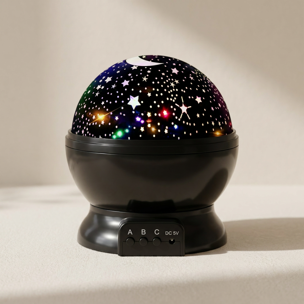 Starry night light projector on a beige surface