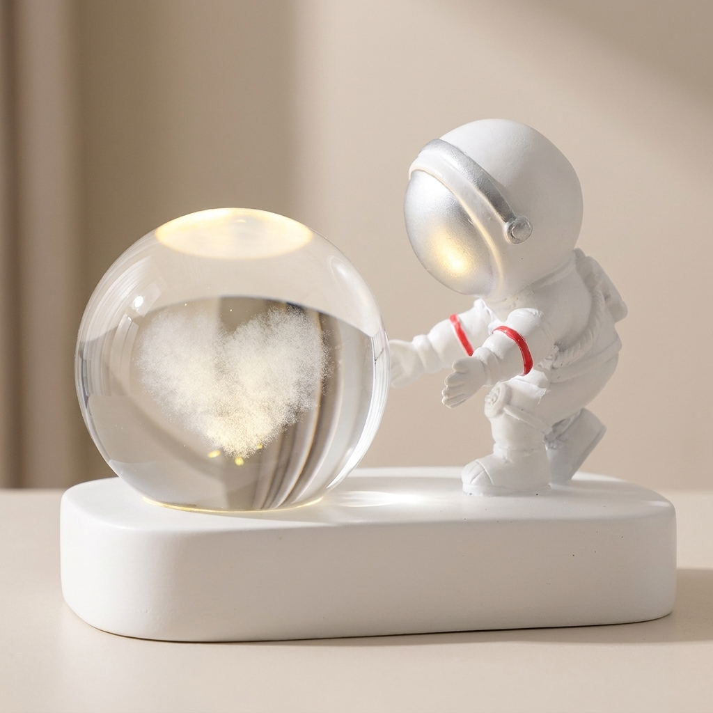 Decorative lamp with an astronaut figure and a glass sphere on a beige background