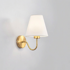 Wall-mounted lamp with a white shade and gold fixture on a light gray background