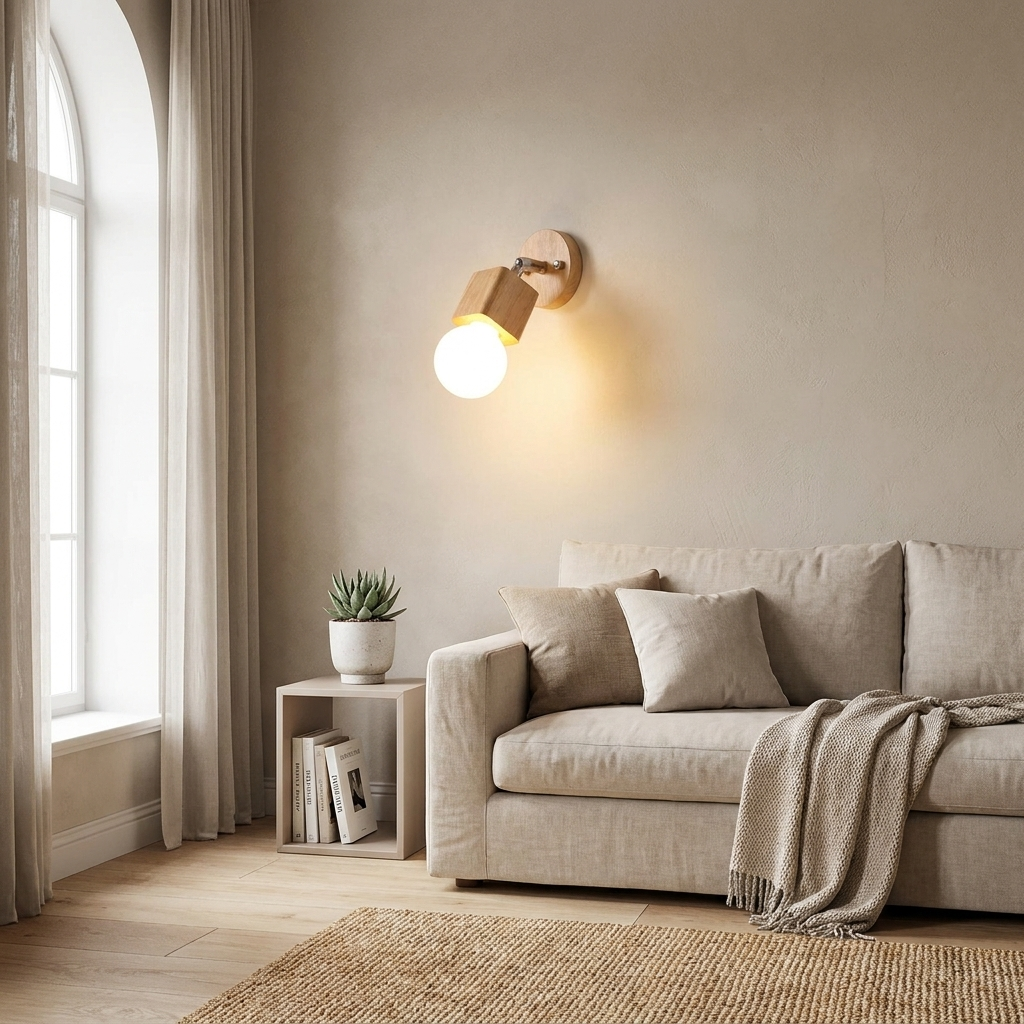 Beige sofa in a living room with a wall lamp and window
