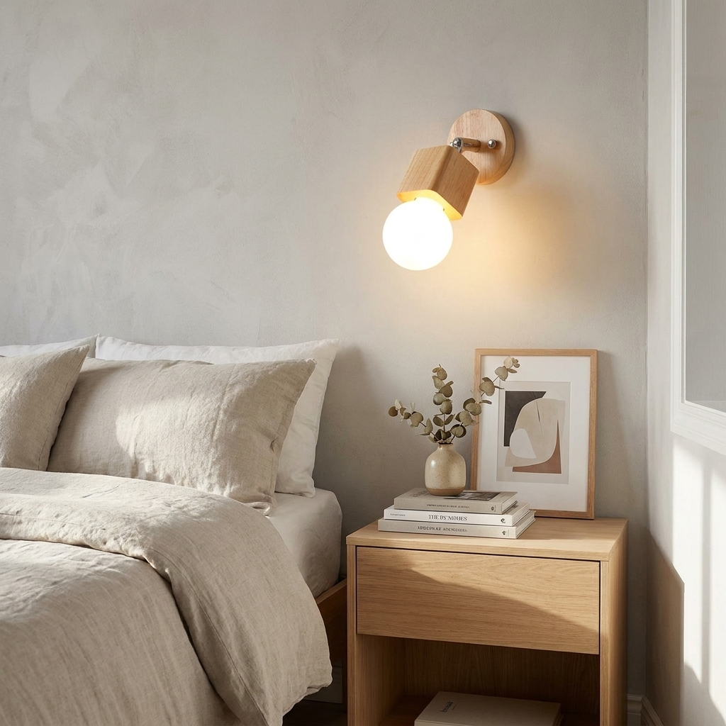 Bedroom with wooden nightstand, lamp, and decor items.