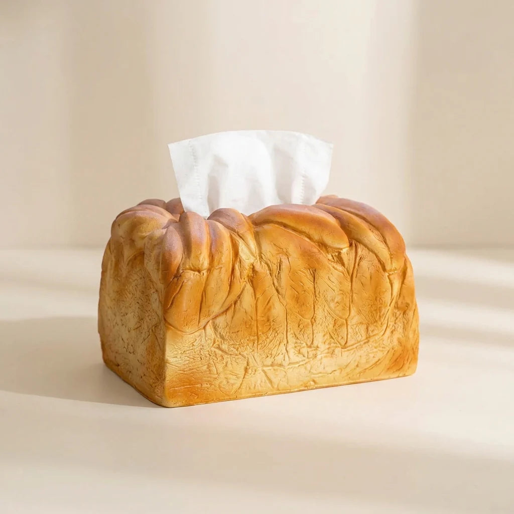 Tissue box designed like a loaf of bread on a beige background