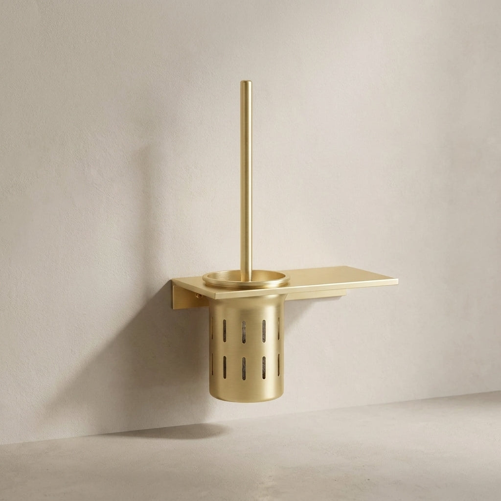 Gold wall-mounted toilet brush holder on a beige wall