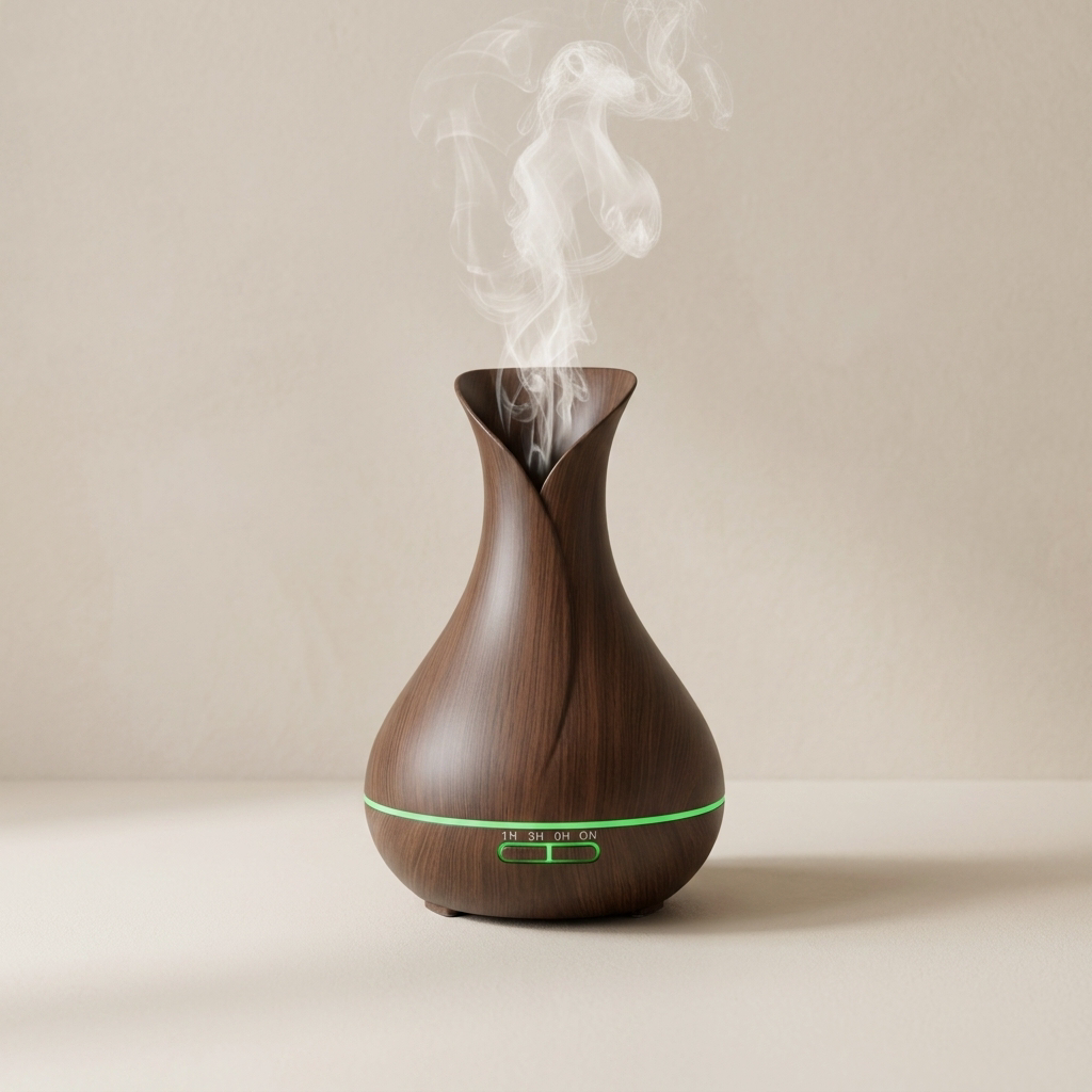 Wooden diffuser emitting steam on a beige background