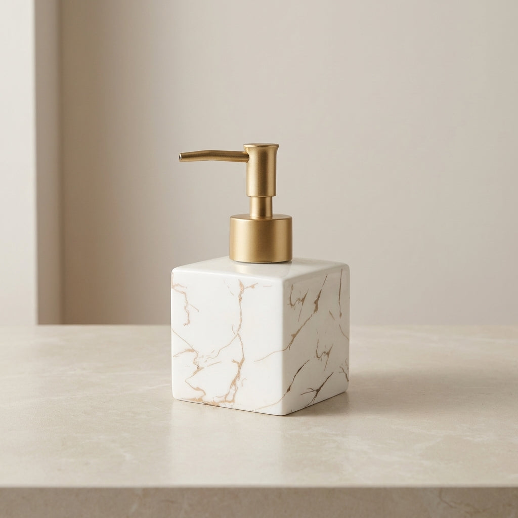 Marble-patterned soap dispenser with gold pump on a neutral background