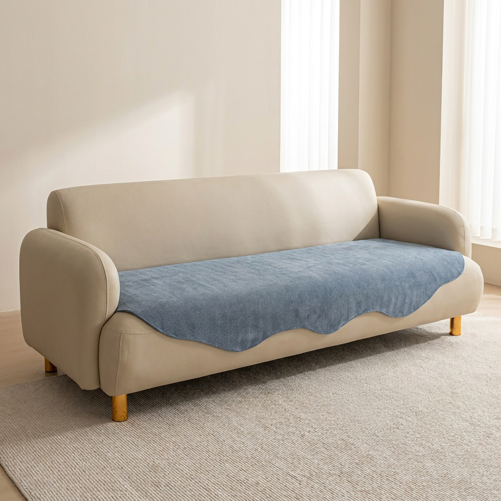 Beige sofa with a blue throw blanket in a room with light-colored walls and curtains.