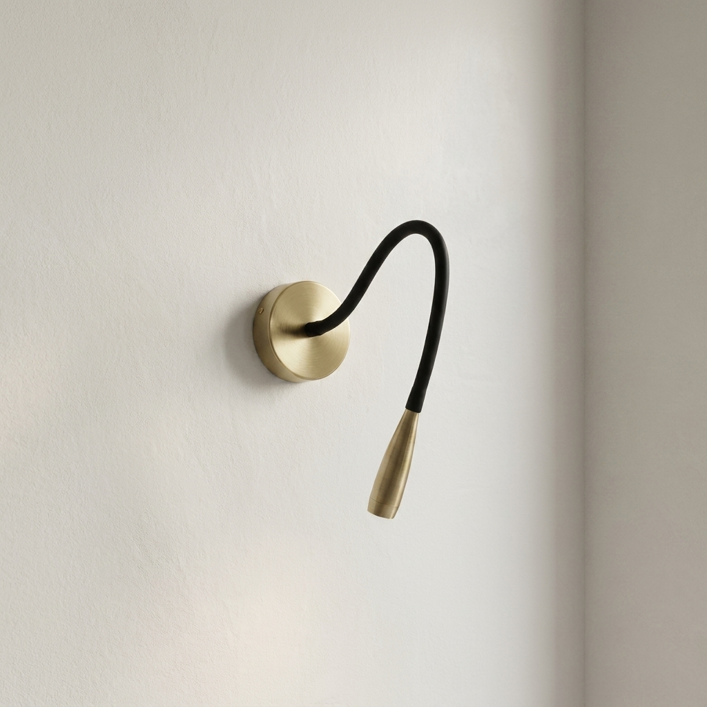 Wall-mounted reading lamp with flexible black arm on a light beige wall