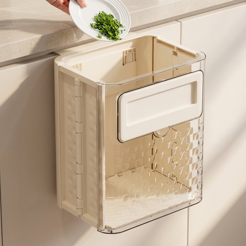 Beige wall-mounted trash can with a person holding a plate of greens in a kitchen setting.