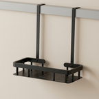 Black over-the-door shoe rack mounted on a beige wall.