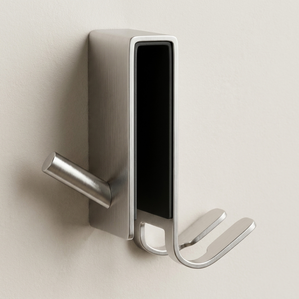 Modern wall hook with digital display on a beige background