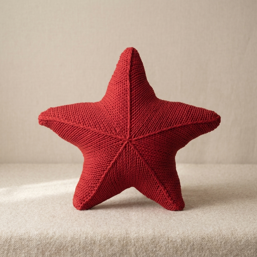 Red knitted star-shaped object on a beige surface