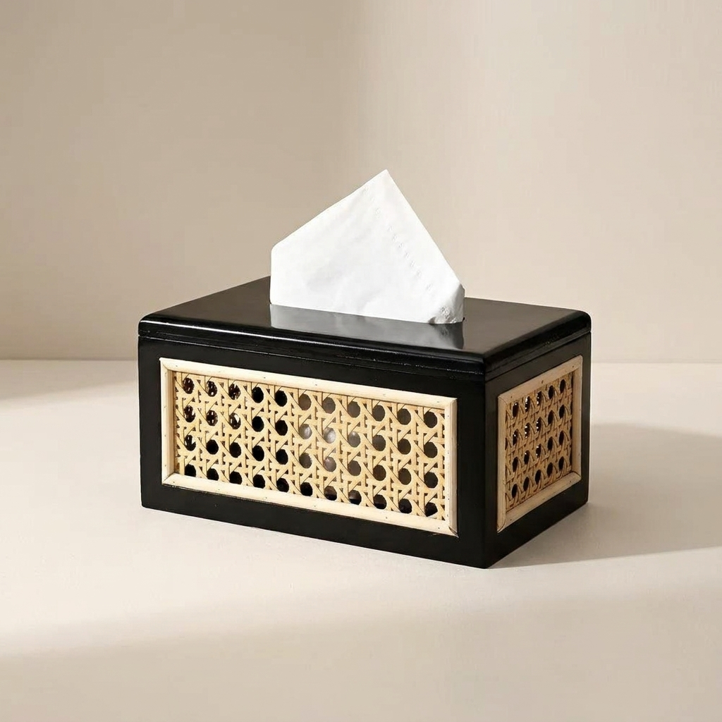 Decorative tissue box with geometric pattern on a beige background