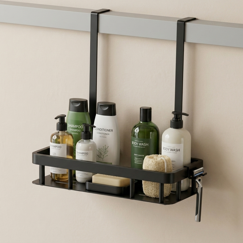 Black over-the-door shower caddy with various bath products on a beige wall.