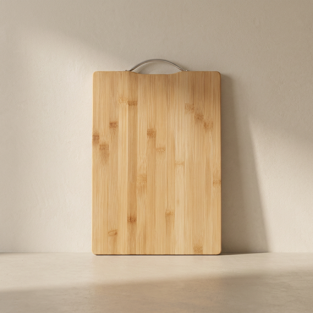 Wooden cutting board with a handle on a beige background