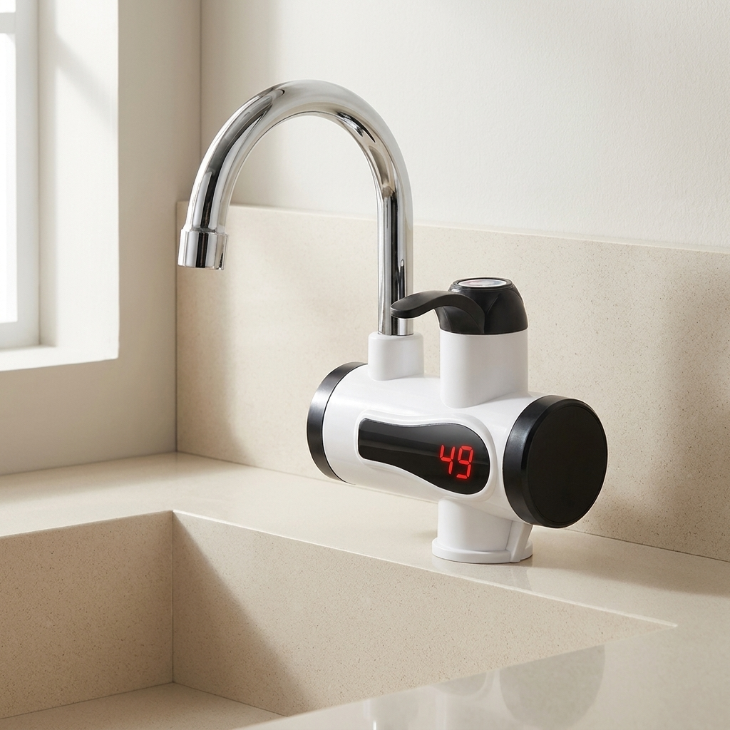 Digital temperature display on a kitchen faucet with a neutral background