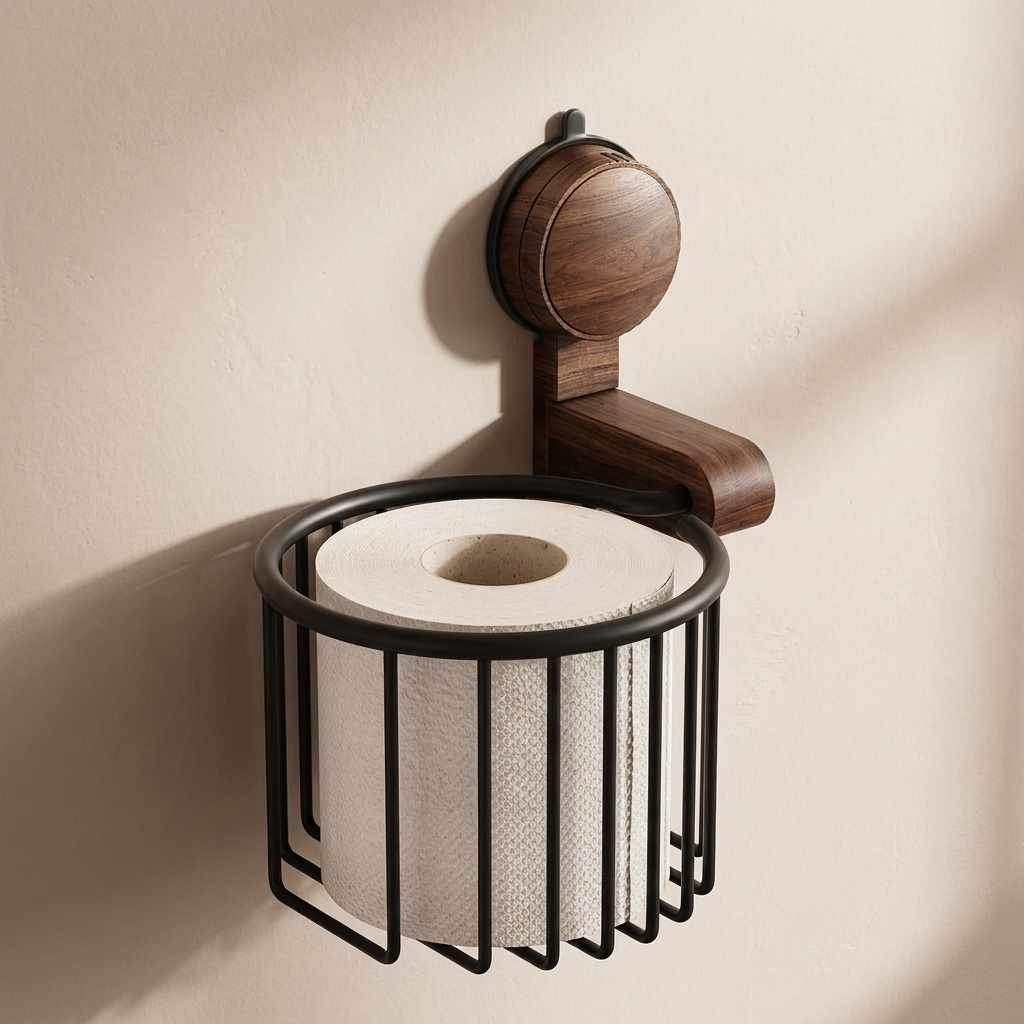 Wall-mounted toilet paper holder with wooden design on a beige wall.