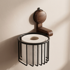 Wall-mounted toilet paper holder with wooden design on a beige wall.