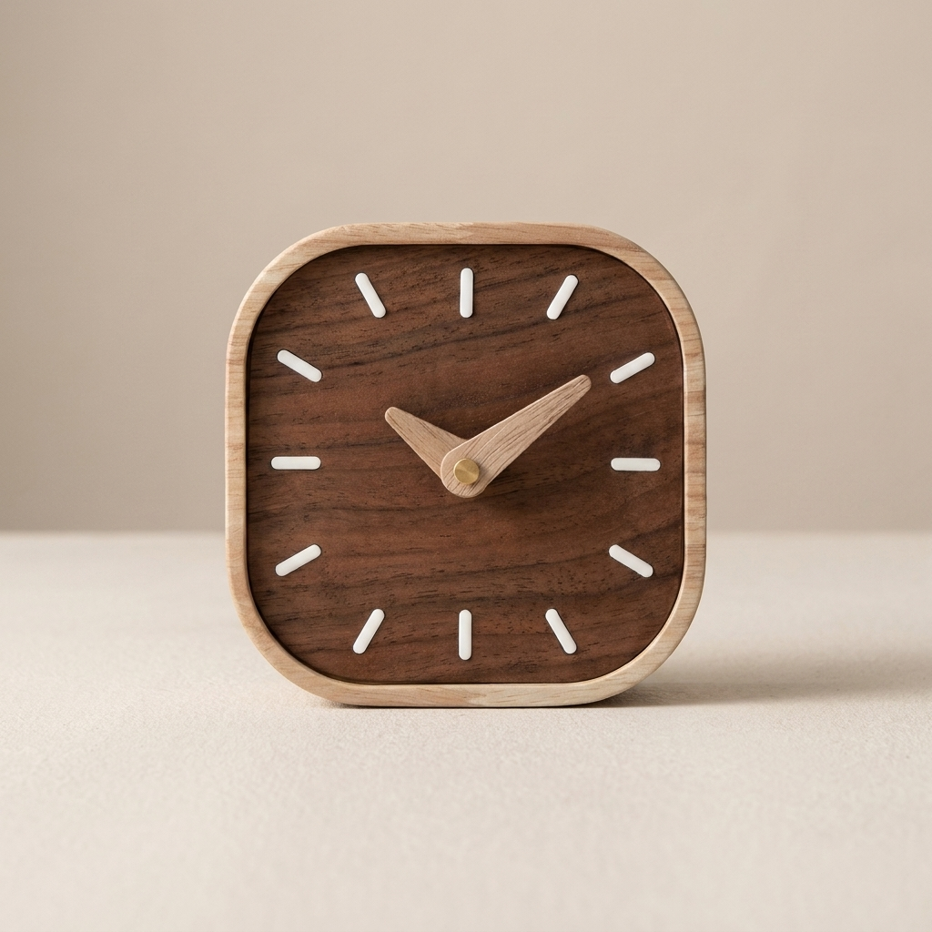 Wooden clock with white hour markers on a beige background