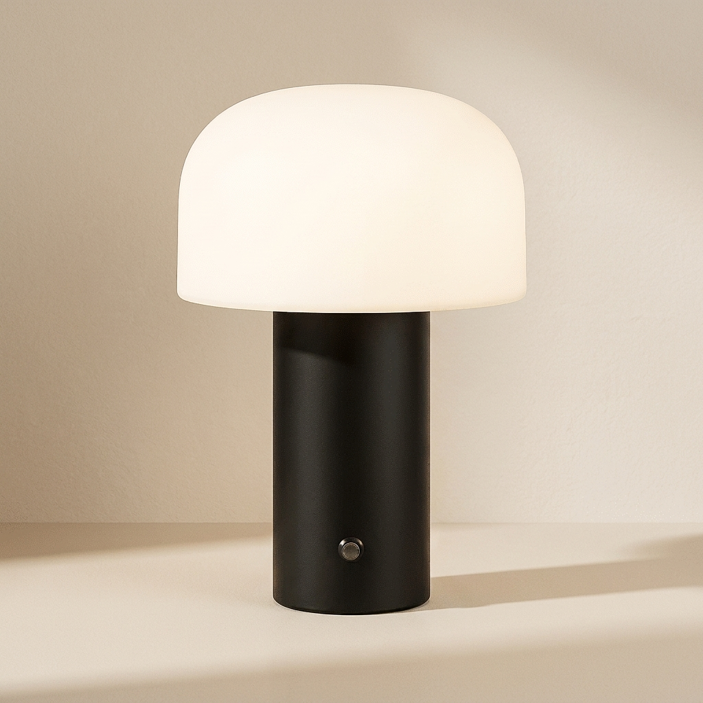 Table lamp with white shade and black base on a beige background