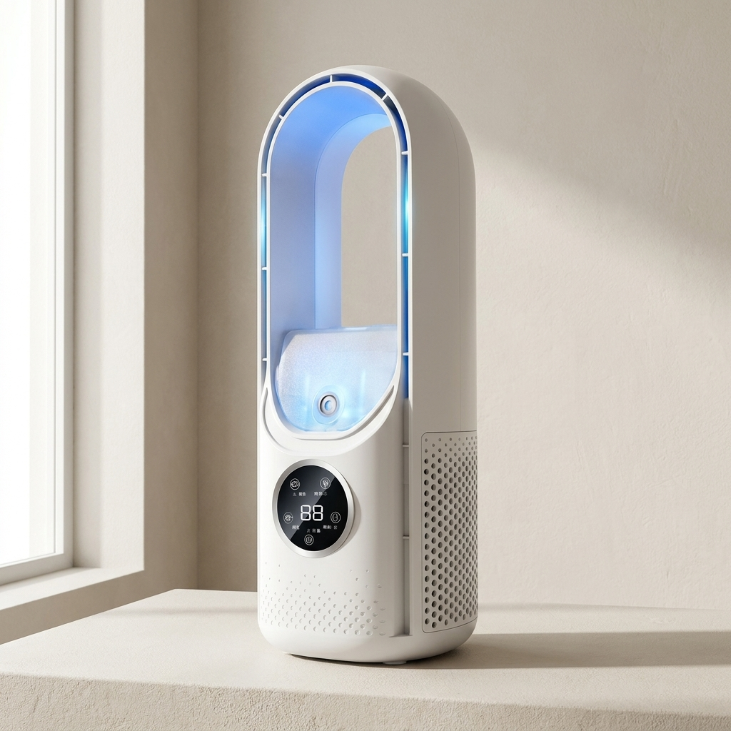 White humidifier with digital display on a light-colored surface near a window.