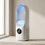 White humidifier with digital display on a light-colored surface near a window.