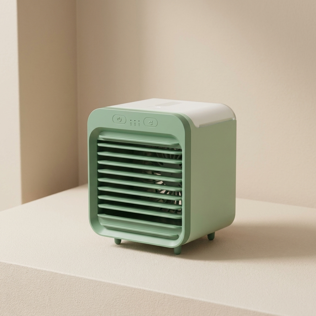 Green portable air conditioner on a beige surface with a neutral background