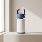 White and blue cylindrical product on a light surface with a neutral background