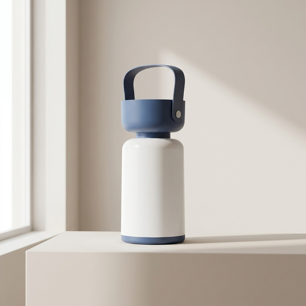 White and blue cylindrical product on a light surface with a neutral background