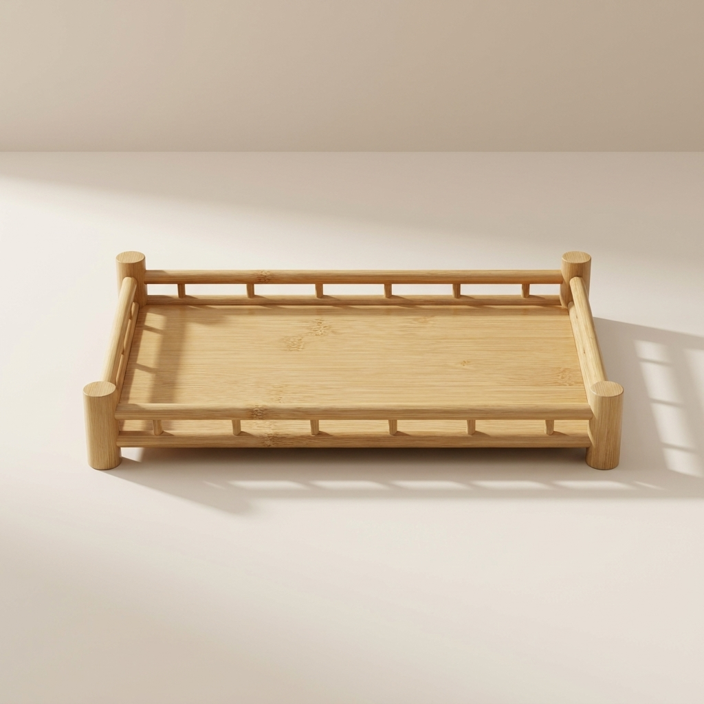 Wooden tray with a grid pattern on a beige background