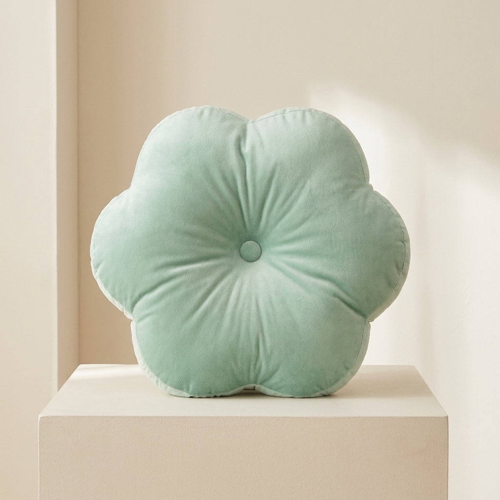 Mint green flower-shaped pillow on a beige surface with a neutral background