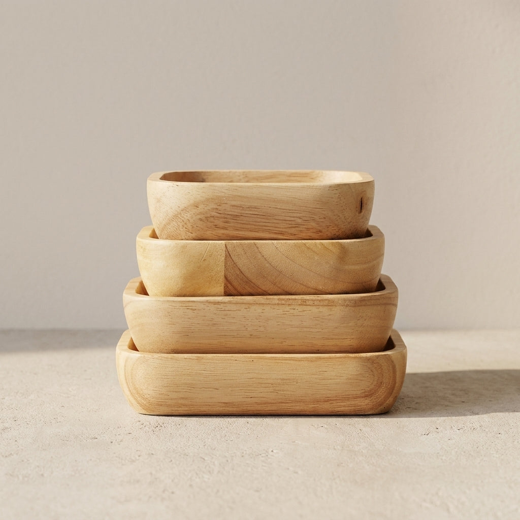 Set of four wooden bowls stacked on a neutral background