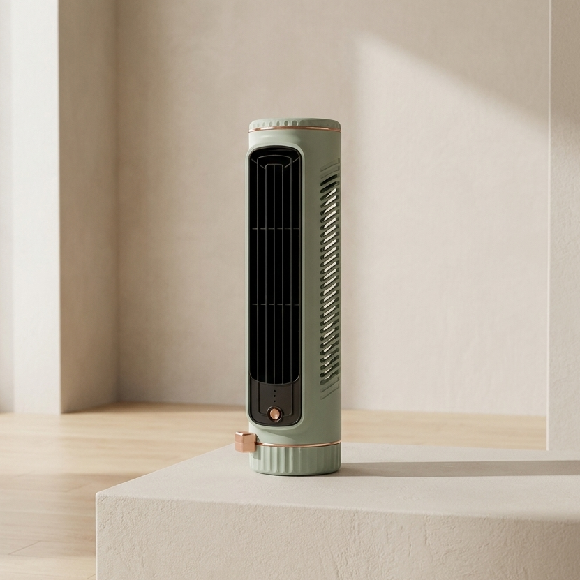 Green portable heater on a white platform with a neutral background