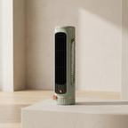 Green portable heater on a white platform with a neutral background