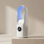White air purifier with blue light on a beige background